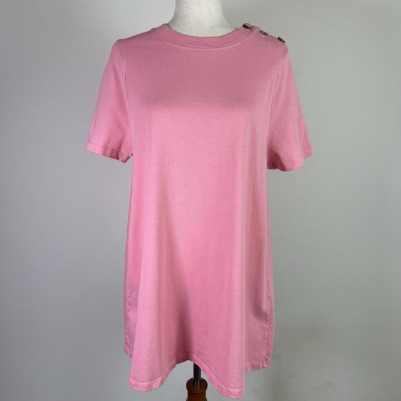 Sezane Selena Dress Bubblegum Pink Size Medium Organic Cotton Shoulder Buttons - Picture 1 of 12
